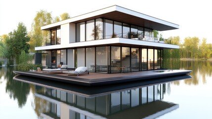 Obraz premium lakefront modern cabin with a dock for kayaking