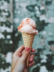 Un helado en un cucurucho, sostenido por una mano, contra un fondo texturizado y pintoresco.