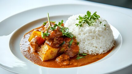 Pojjw 94734 create a visually striking image of an artistically prepared bowl of rice and meat stew on a white plate with vibrant colors and textures