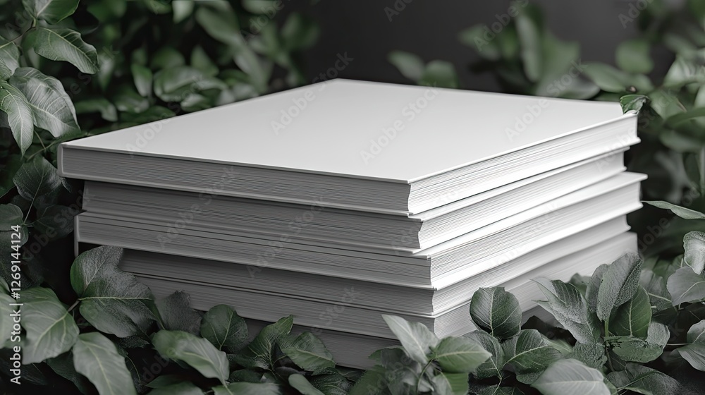 Wall mural Stacked blank books surrounded by lush green leaves on a dark background, ideal for design projects