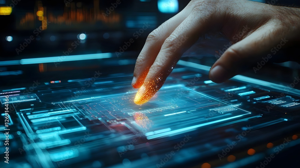 Poster fingertip engaging with transparent holographic data interface futuristic digital technology interac