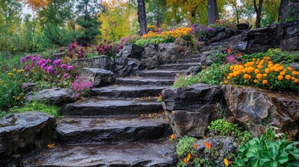 A hillside rock garden with terraced stone formations, cascading succulents, and vibrant flowers.