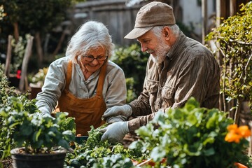 Una pareja de ancianos disfruta trabajando en su jard�n, cultivando plantas y compartiendo momentos alegres.
