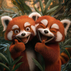 D funny happy cartoon red pandas on a field with marijuana. Illustration for printing on fabric, paper, packaging.