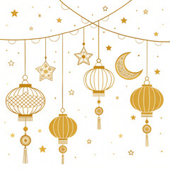 Golden lanterns suspended on strings, illuminated against a backdrop of stars and a crescent moon.