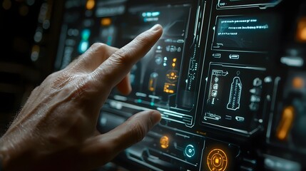 Close up view of a human finger interacting with a high tech futuristic holographic virtual reality interface on a digital display or dashboard The interface features advanced touch controls
