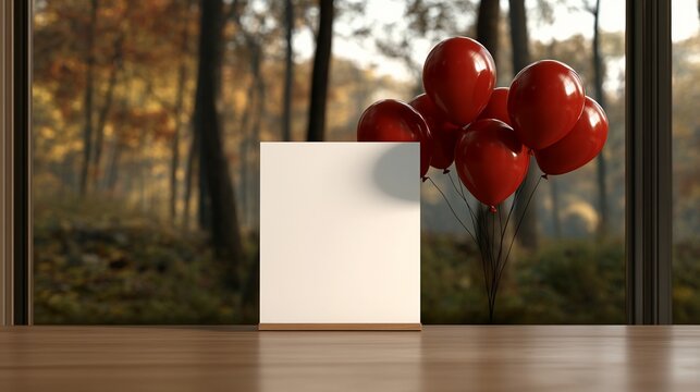 Blank Sign Mockup with Red Balloons and Autumnal Forest Background