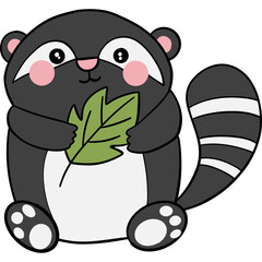 Cute cartoon raccoon holding a green leaf with a playful expression.