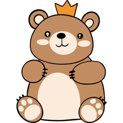 Cute cartoon bear with a crown, sitting and smiling.