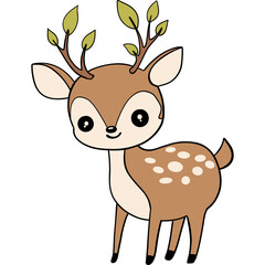 Cute cartoon deer with leaves on antlers and spotted fur.
