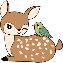Cute deer with a smiling expression and a small bird perched on its back.