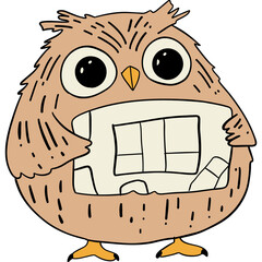 Cartoon owl holding a large toothy smile with a playful expression.