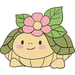 Cute cartoon turtle with a flower and leaves on its shell.