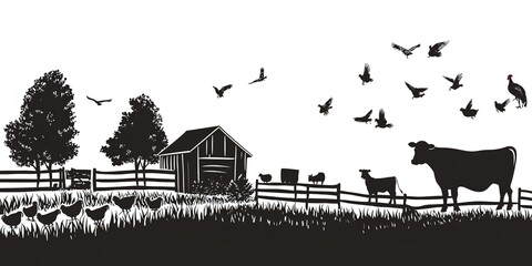 Rustic barnyard, chickens, cows, and farm equipment, countryside silhouettes, 