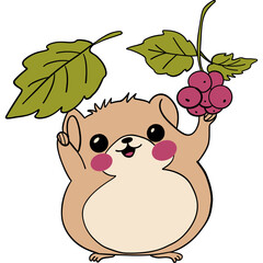 Cute cartoon hedgehog holding leaves and berries with a joyful expression.