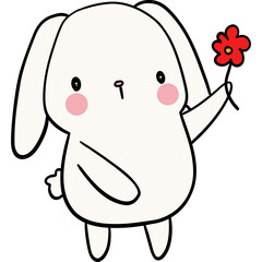 Cute cartoon bunny holding a flower with a playful expression.