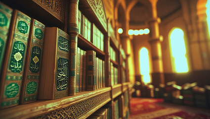 An oblique view of a little wooden bookcase containing the Quran's sacred texts within the mosque. Make a copy of the composition of space. The concept of Muslim literature