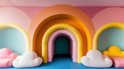 A Colorful Rainbow Playground Room for Kid Concept, Colorful Foam Playroom with Soft Rainbow Tunnels and Playful Cloud Shapes for Kids' Fun and Adventure
