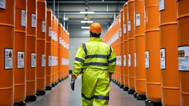 Danger and hazard in workplace, A worker inspecting a chemical storage area with hazard labels on every container.