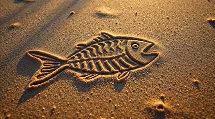 Photorealistic Ichthys fish symbol drawn in sand with golden sunlight and gentle shadows