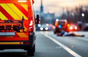 Emergency Response Scene with Ambulance and Injured Person Lying on Road at Dusk in City Environment