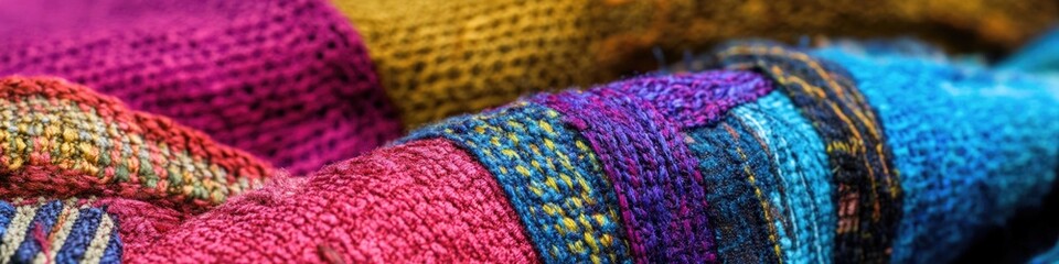 A vibrant, colorful scarf with intricate patterns and texture, perfect for fashion or textile designs