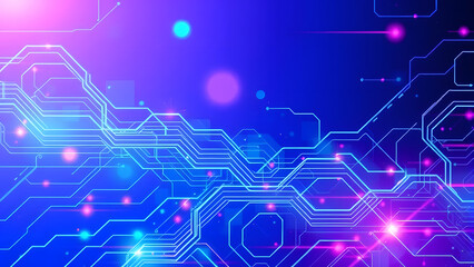 A blue circuit board pattern showcases intricate electronic pathways and microchips, embodying the complexity of modern technology