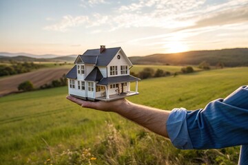 Real estate concept showing house model in hand with scenic landscape representing home ownership and investment at sunset