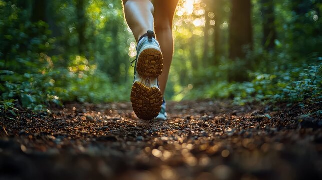 A person running on a trail in a lush forest during sunset. The focus is on their legs and shoes, capturing the essence of outdoor fitness.