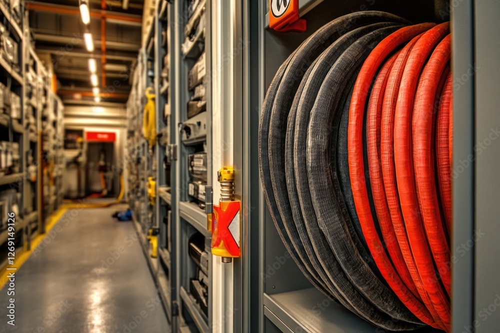 Poster a shelf storing industrial hoses, a common scene in various industries and settings