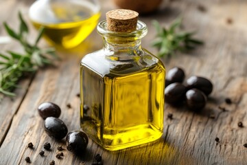 A bottle of extra virgin olive oil with olives and rosemary