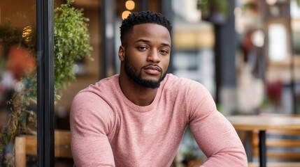 Fototapeta premium Thoughtful African American man in pink sweater sitting at outdoor cafe. Ideal for millennial lifestyle content, urban culture, and contemporary casual fashion advertising
