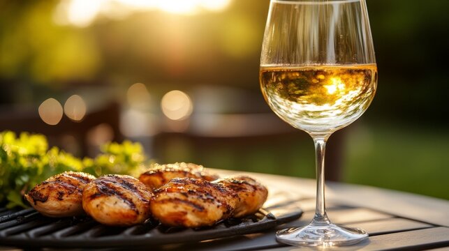 Grilled chicken and a glass of white wine in a serene outdoor setting at sunset.