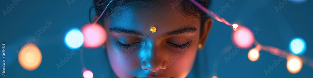 Poster a woman looks contemplative as she gazes at a string of twinkling lights, perfect for use in scenes 