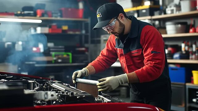 A well-lit workshop featuring a young mechanic wearing gloves, replacing a dusty air filter with a new one, with toolboxes and shelves of car parts in the background