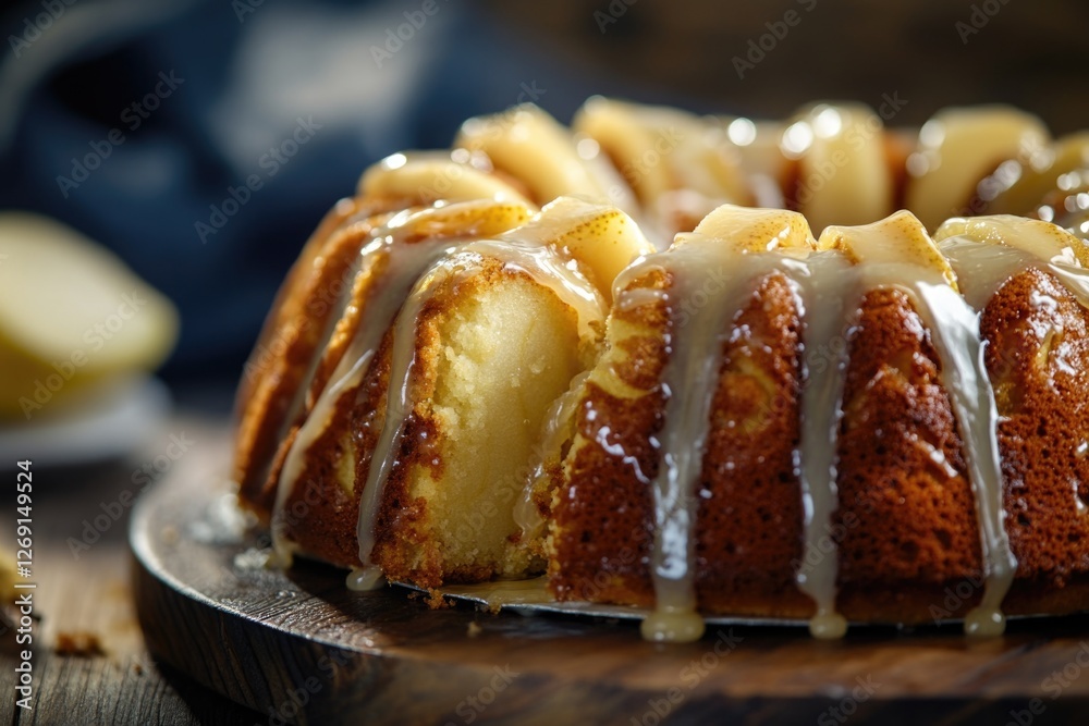 Poster a bundt cake sits on top of a wooden cutting board, perfect for serving and displaying