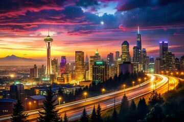 Obraz premium Seattle Skyline Dusk Freeway Highway Cityscape Panoramic View
