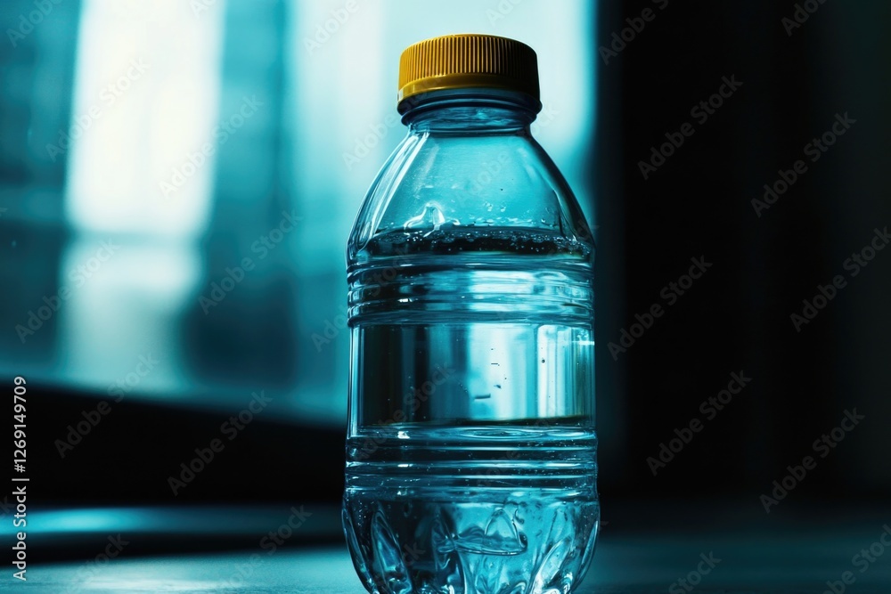 Poster A clear glass water bottle sits on a table with no other objects in view