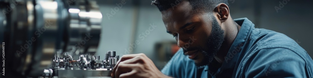 Poster a worker in a factory setting operates heavy machinery