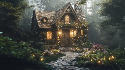 Fototapeta premium Enchanting stone cottage nestled in a misty forest, illuminated by fairy lights.