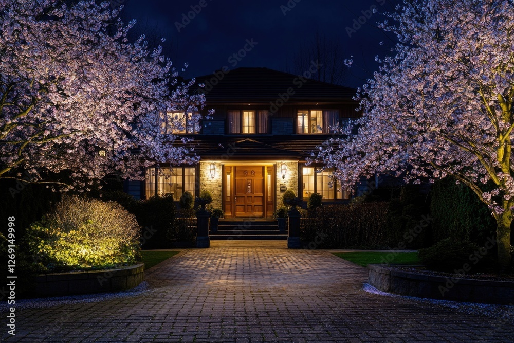 Aufkleber a residential home illuminated at night with trees in the foreground, suitable for use in architectu