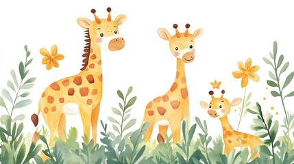 Naklejka premium Elegant flat watercolor giraffe illustration, perfect for safari-themed art, set on a white background.