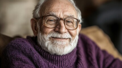 Cheerful senior man in purple sweater with genuine smile. Perfect for active aging, retirement lifestyle, and positive senior living content