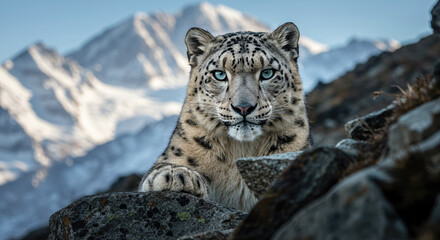 Fototapeta premium Snow Leopard Portrait with Blue Eyes in High Altitude Habitat