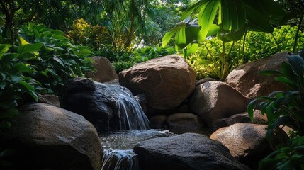 Obraz premium A lush rock garden with a waterfall flowing over large boulders, surrounded by tropical greenery.