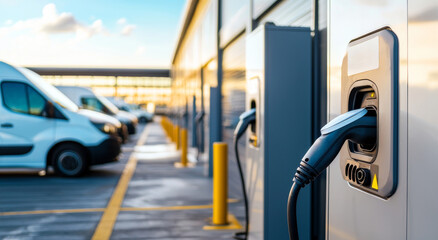 Electric vehicle charging station with modern vans parked in a sunny outdoor setting, promoting renewable energy and sustainability initiatives