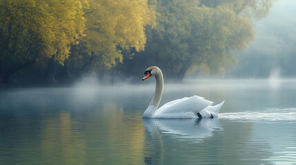 Fototapeta premium Majestic Swan On Misty River With Golden Trees