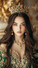 The queen, with shining black hair and striking green eyes, wears a sumptuous dress with intricate Arabic patterns and an ornate crown decorated with emeralds and gold.