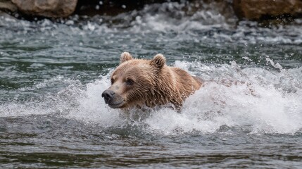 Brown bear hunting in rushing river waters. Suitable for wildlife photography, nature documentaries, and conservation awareness