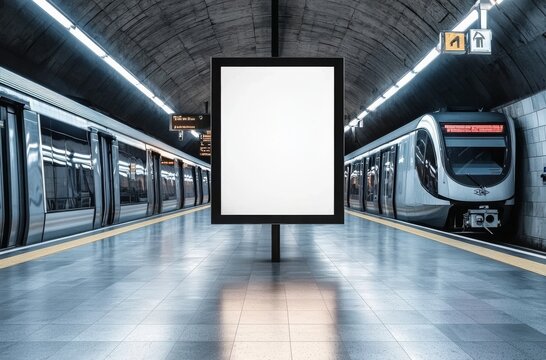 Empty Advertising Billboard in Modern Subway Station with Train Approaching in Urban City Setting